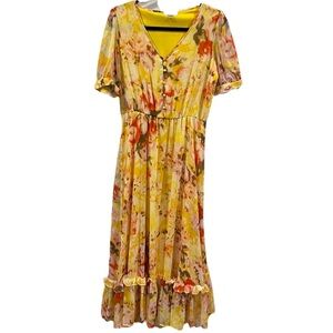 Calvin Klein Short Sleeve Chiffon Maxi Dress Yellow Floral Print Size 8 Flowy